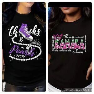 NEW Kamala Women's Purple Chucks & Pink Greek crew neck Tee.